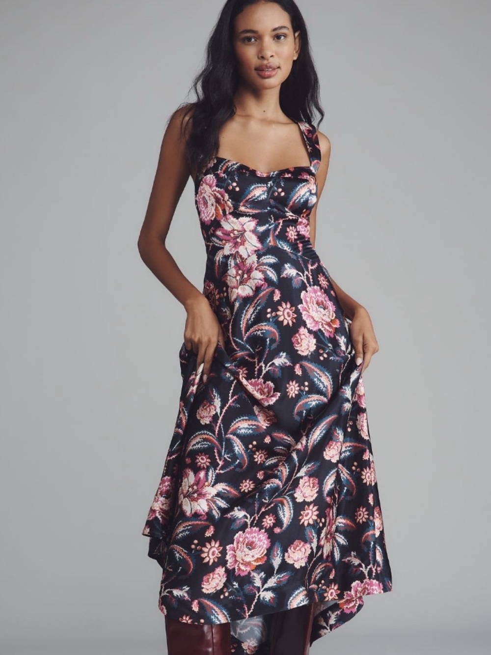 NWT Anthropologie Maeve The Jocelyn Sleeveless Slip Midi Dress Black Floral